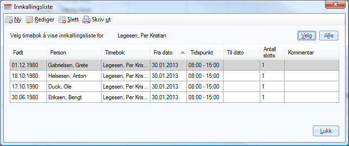 Hvis du vet hvilken timebok pasienten skal registreres i, klikker du på Velg og velger ønsket lege fra listen.