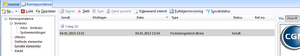 10. KORRESPONDANSE Du kan gå direkte til korrespondanse fra de fleste steder i programmet. Du kan for eksempel skrive en henvisning direkte fra journalen ved å trykke Ctrl+Alt+H.