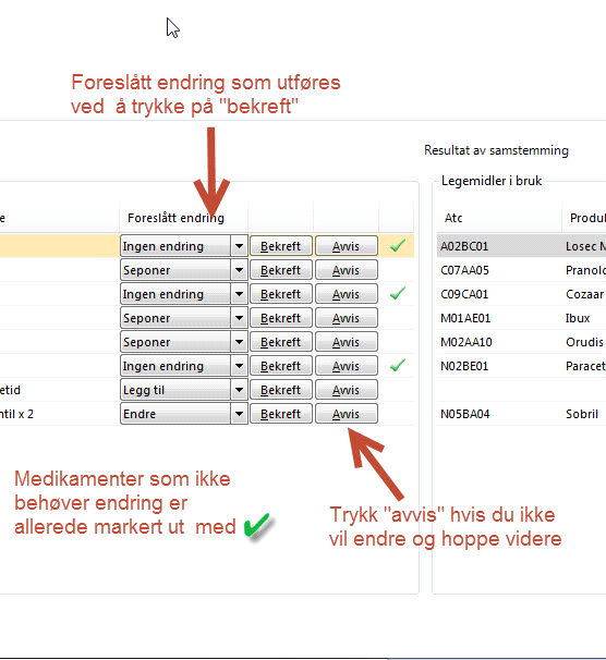 Programmet setter den foreslåtte listen opp mot pasientens LIB slik at like legemidler kommer på samme linje. Programmet har følgende forslagsmuligheter for hvert legemiddel den lister: A.