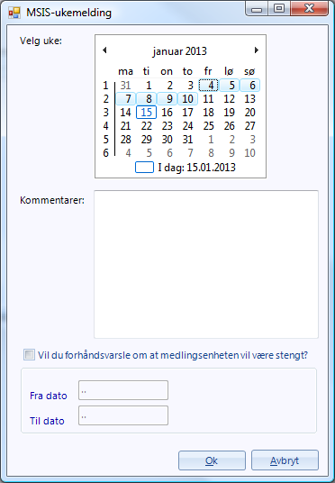 6. Klikk Ok (Alt+O), når du har gjort ditt valg. Programmet vil da forhåndsvise rapporter. 7. Legg ferdigtrykt MSIS-blankett i printer og klikk (Alt+P).