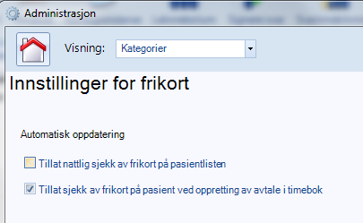 Sjekke status på pasienten ved opprettelse av avtale i timebok. Dette setter du opp i administrasjon under instillinger for frikort.