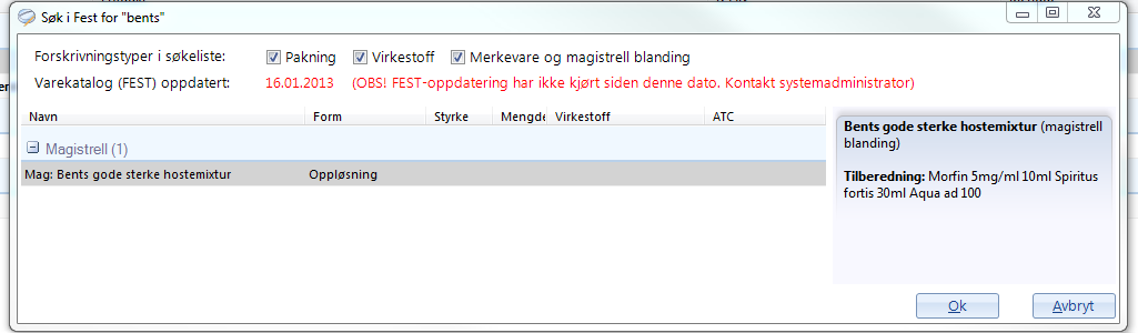 7.6.4. Magistrell resept Forskrivning av en ny magistrell blanding velges også ut fra nedtrekksmeny Ny. Fyll ut skjemaet.