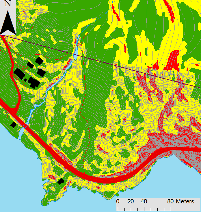 SKREDFAREVURDERING FOR REGULERINGSPLAN GNR./BNR. 132/2, LUSSAND, GRANVIN HERAD. 5.2 Topografi Planområdet ligg ved Fv 7. Aust i planområdet er det ein fjellside med varierande terrenghelling (Fig. 3).