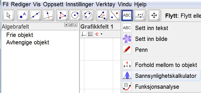 grafikkfeltet, og vist på listeform i algebrafeltet. Sannsynlighetskalkulatoren I GeoGebra 4.