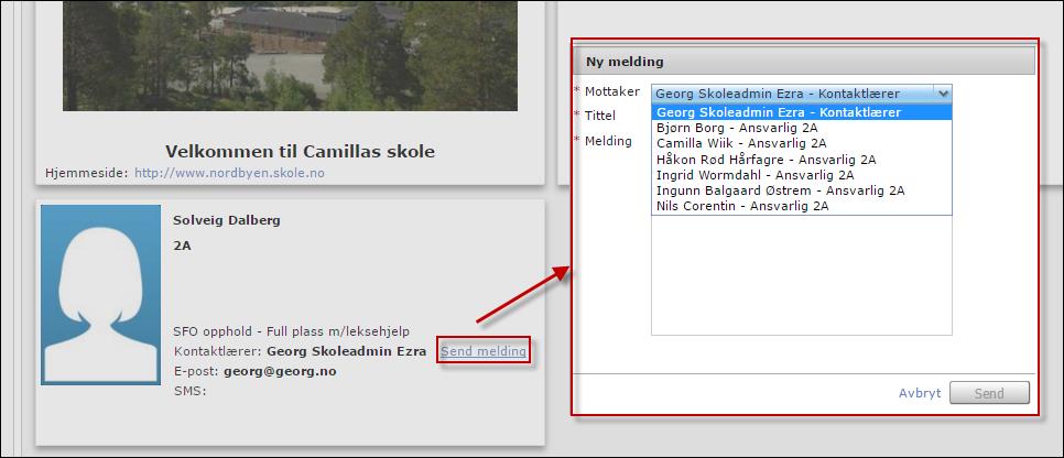Meldinger Foresatte kan sende meldinger til en elevs kontaktlærer, andre lærer som er ansvarlige for klassegruppen eleven tilhører, samt til ansatte med tilgangen SFO-admin og Skoleadmin.