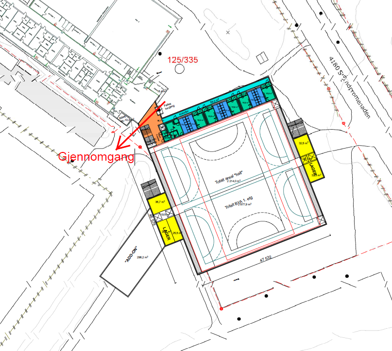 Skisse med arealfordeling plan 1, konsept: Gjennomgang fra parkering til fotballbane. Skisse med arealfordeling plan 2, konsept: Her ses tribuner på begge langsider av banen, iht.