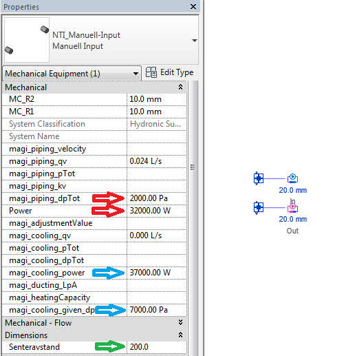 Dersom den skal benyttes til varmeanlegg skal effekt angis til Power og trykkfall til magi_piping_dptot. Og til kjøleanlegg angis effekt til magi_cooling_power og trykkfall til magi_cooling_given_dp.