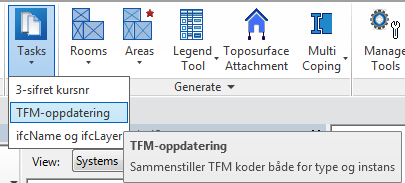 Koden for fordeling hentes fra Panel-parameteren til hvert enkelt objekt Sammenstilling av TFM-koder utføres med TFM-oppdatering under Tasks på NTItools-menyen.