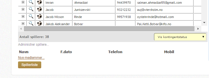 På denne siden kan du administrere hvilke spillere som skal være knyttet til ditt lag.