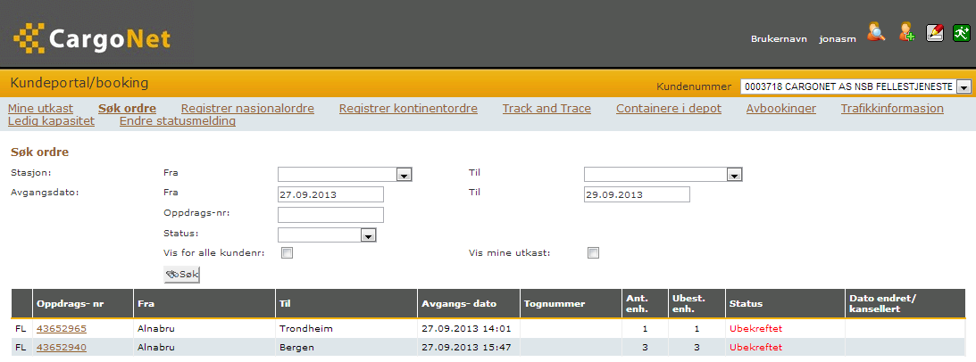 Side : 6 av 18 Utarbeidet av : Dato : 25.04.2016 2.5 Søk ordre Søk ordre På Søk ordre-siden kan det søkes fram de ordrene som er registrert hos CargoNet.