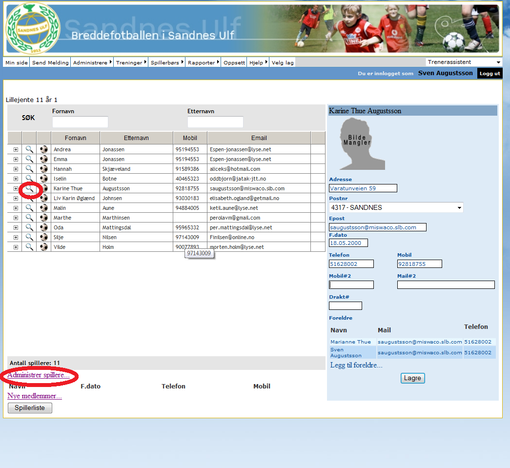 Dere kommer da inn på listen som viser alle spillere som er registrert på laget. For å se registrerte data for en utvalgt spiller, klikke på forstørrelsesglasset til venstre for navnet på spilleren.