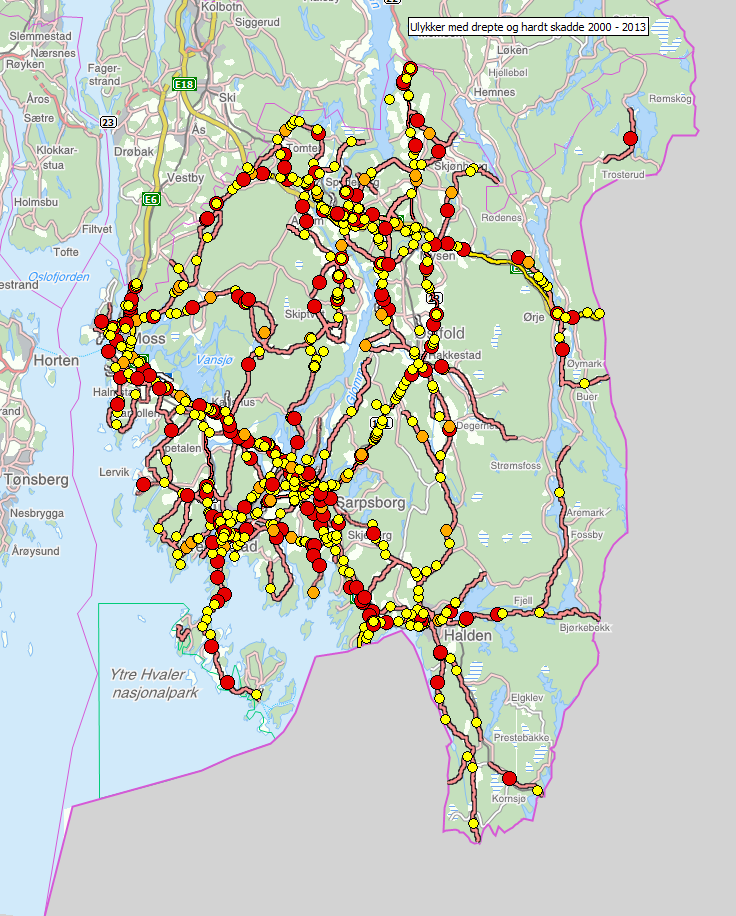 Østfoldtall viser en gledelig nedgang av skadde og drepte i trafikken de siste 10 årene. Det er flest ulykker i de mest befolkningsrike kommunene.