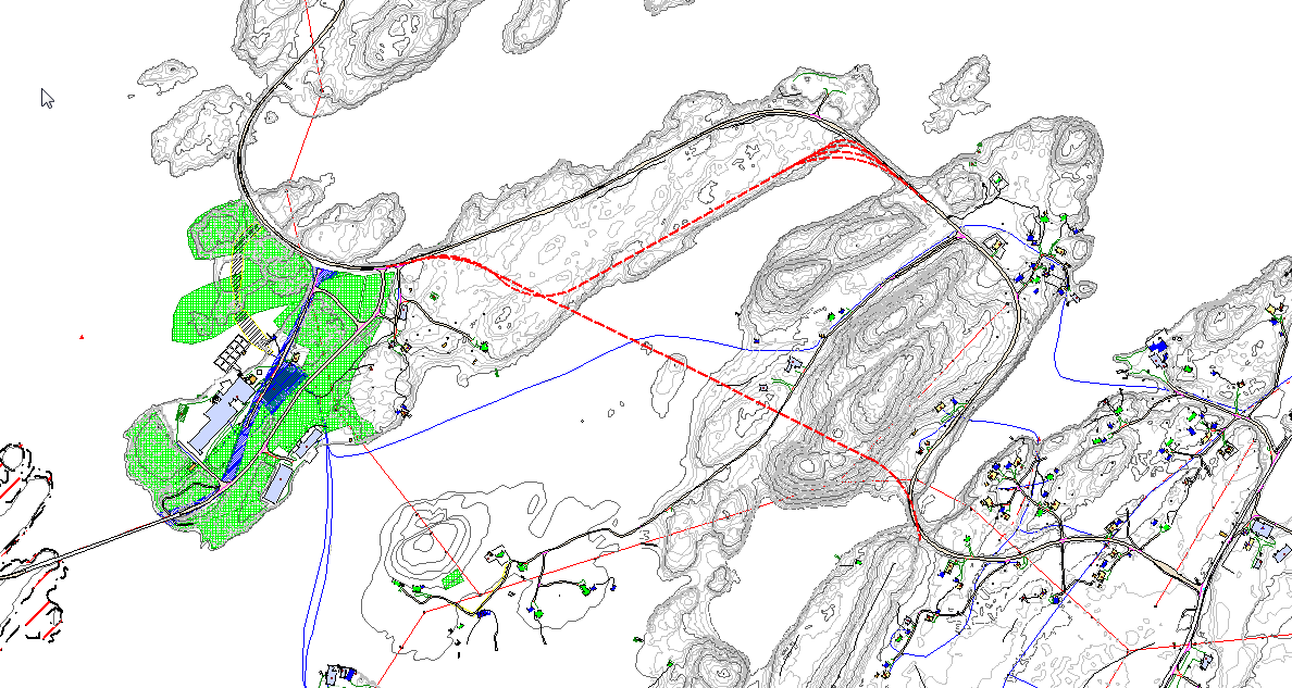 Areal som er båndlagt til regulering på Hestøya, men vil kreve omlegging av FV 828, det er skisert 2 mulige traseer for fremtidig omlegging av FV828.