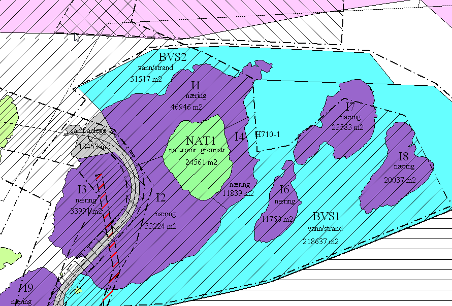 Lokalisering nord på Hoholmen inkluderer arealene I1, I2 og I4 noe som gir et totalareal på ca. 110 mål/daa.