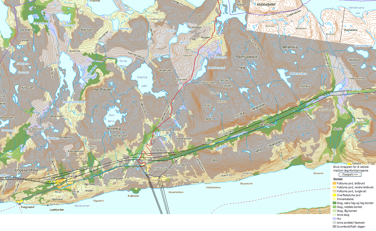 Overføringer fra Dalaånas nedbørfelt til Lyngsvatn 15 Figur 5-1 Bonitetskart for skog og jord. Kilde: Arealis, basert på data fra NIJOS.