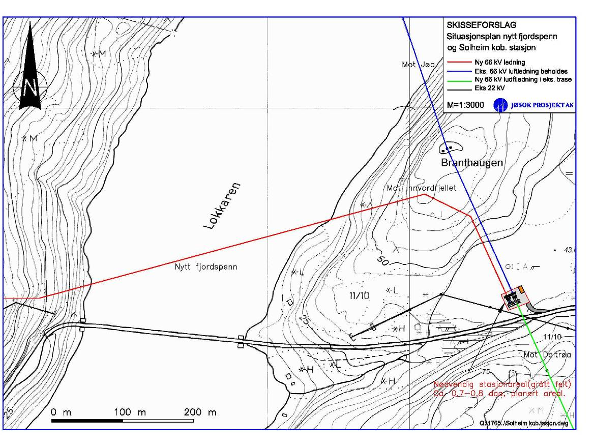 Arealbehov for stasjonen er ca. 0,7-0,8 daa. Lokaliseringen av stasjonen og fjordspennet over Lokkaren er vist på kart i Figur 2.