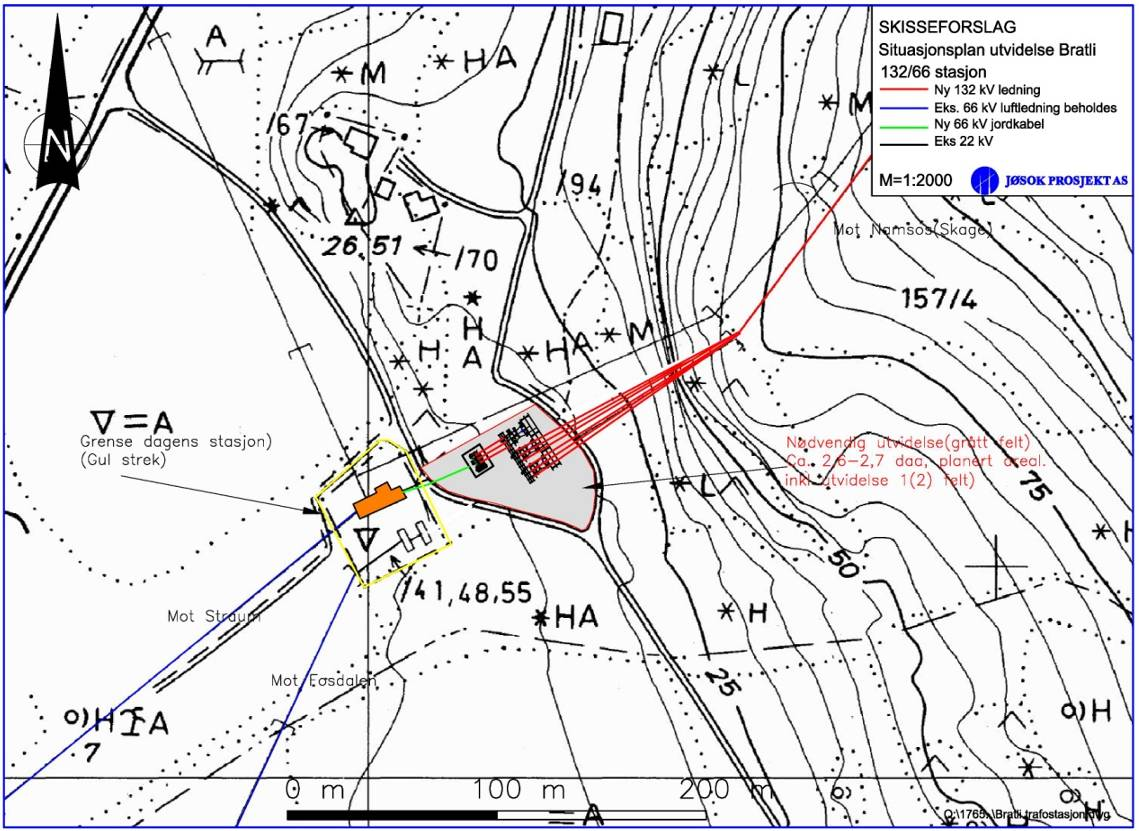 Figur 4. Situasjonsplan for utvidelsen av Bratli transformatorstasjon. 3.1.5 Utvidelse av Straum transformatorstasjon Stasjonene eies av Trønderenergi Nett (TEN).
