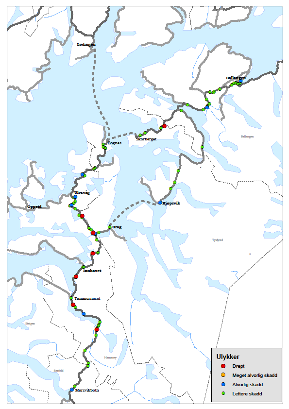 Trafikksikkerhet I perioden 2001 2010 har det skjedd 87 ulykker på E6 mellom Mørsvikbotn og Ballangen. 7 personer ble drept, 10 hardt skadd og 104 lettere skadd i disse ulykkene.