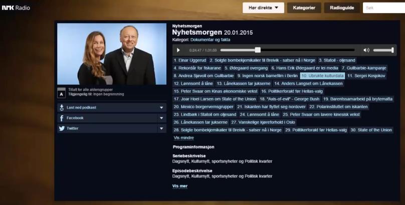 Lenken nederst på siden er klikkbar og leder til NRKs radioprogram-avspiller for de som måtte ha et ønske om å lytte