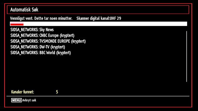 Førstegangsinstallasjon VIKTIG: Påse at antennen eller kabelen er koblet til og et Common Interface (Felles Grensesnitt)- modulen er ikke satt inn før du slår på TV for første gangs installasjonen.