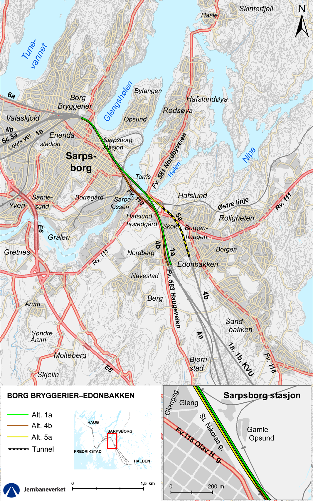 Delparsell Borg Bryggerier Edonbakken, Sarpsborg stasjon Utbyggingsparsellen går til Sarpsborg stasjon, men for å sikre en gjennomførbar videreføring mot Halden og Østfoldbanens Østre linje har