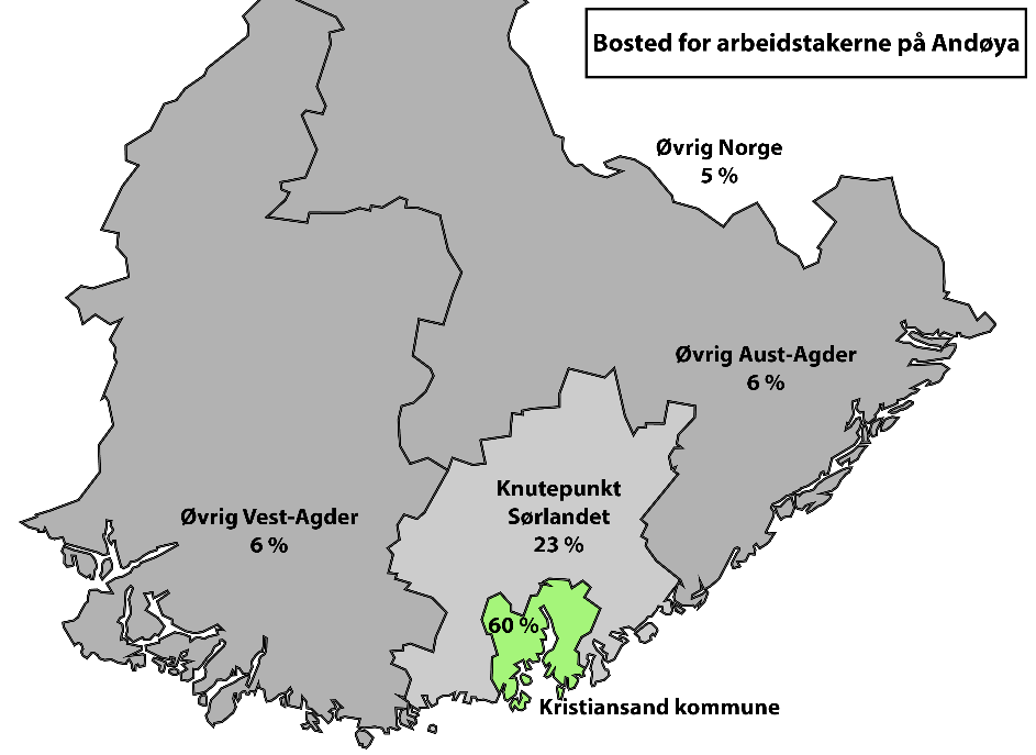 4.1.2 Andøya næringsområde I Figur 14 er data fra ATP-modellen anvendt til å vise hvor arbeidstakerne på Andøya bor. Figur 14 Bosted for arbeidstakerne på Andøya. Ca.
