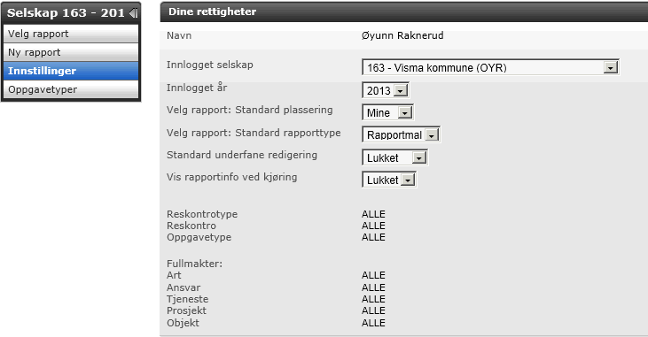 Innstillinger Under innstillinger kan du endre innlogget selskap og/eller år. Innlogget selskap styrer hvilket selskap du kan kjøre/hente rapporter i.