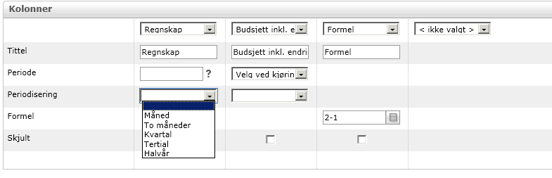 Når en rapport en periodisert trenger du ikke å lage egne kolonner for hver periode med samme talltype. Skjult Kolonner kan skjules i rapportvisning.