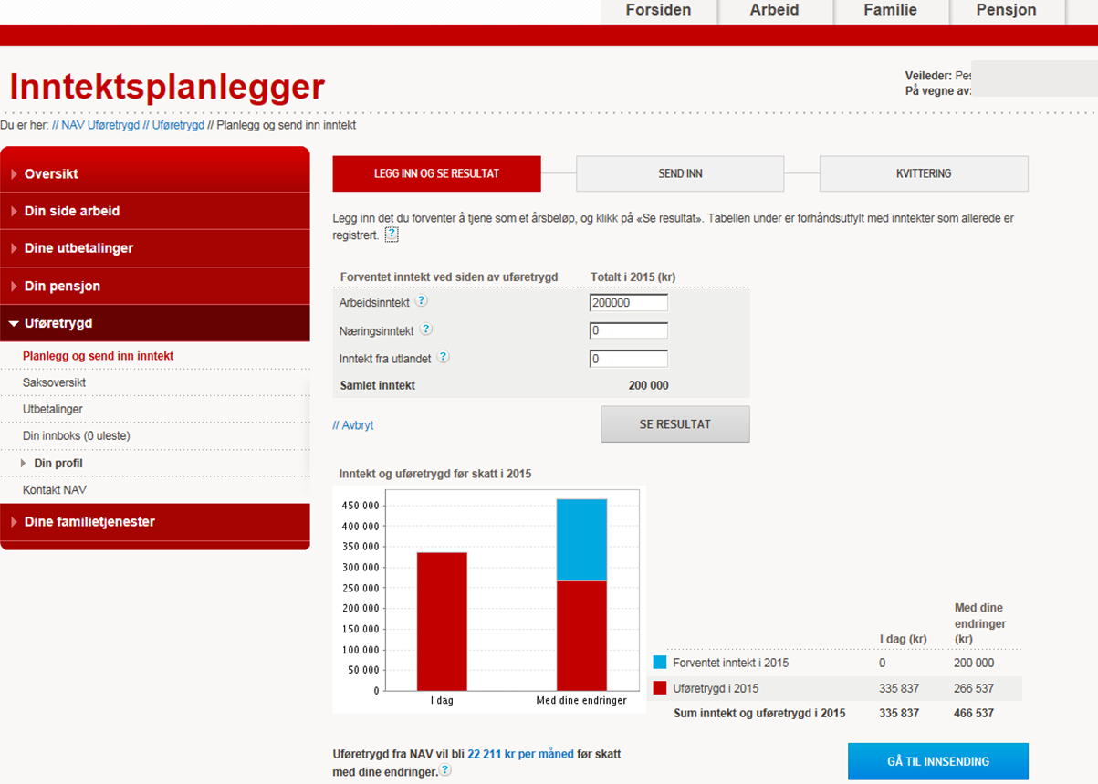 Selvbetjeningsløsning for uføretrygd på nav.no 1. Legg inn forventet inntekt for 2015 2. Se hva man får i uføretrygd og totalinntekt før skatt 3.