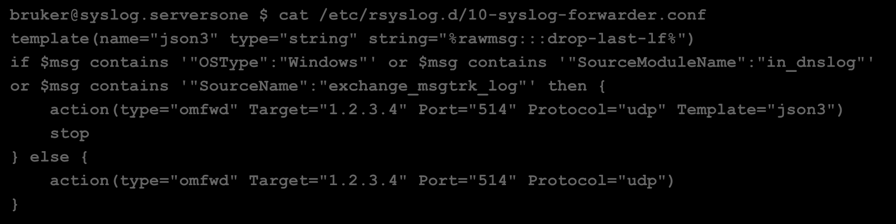 KONFIGURASJON LOGGKJEDE SENTRALISERT LOGGING Forwarder (Linux rsyslogd) bruker@syslog.serversone $ cat /etc/rsyslog.conf.. $ModLoad imtcp $UDPServerRun 514.. bruker@syslog.serversone $ cat /etc/rsyslog.d/10-syslog-forwarder.