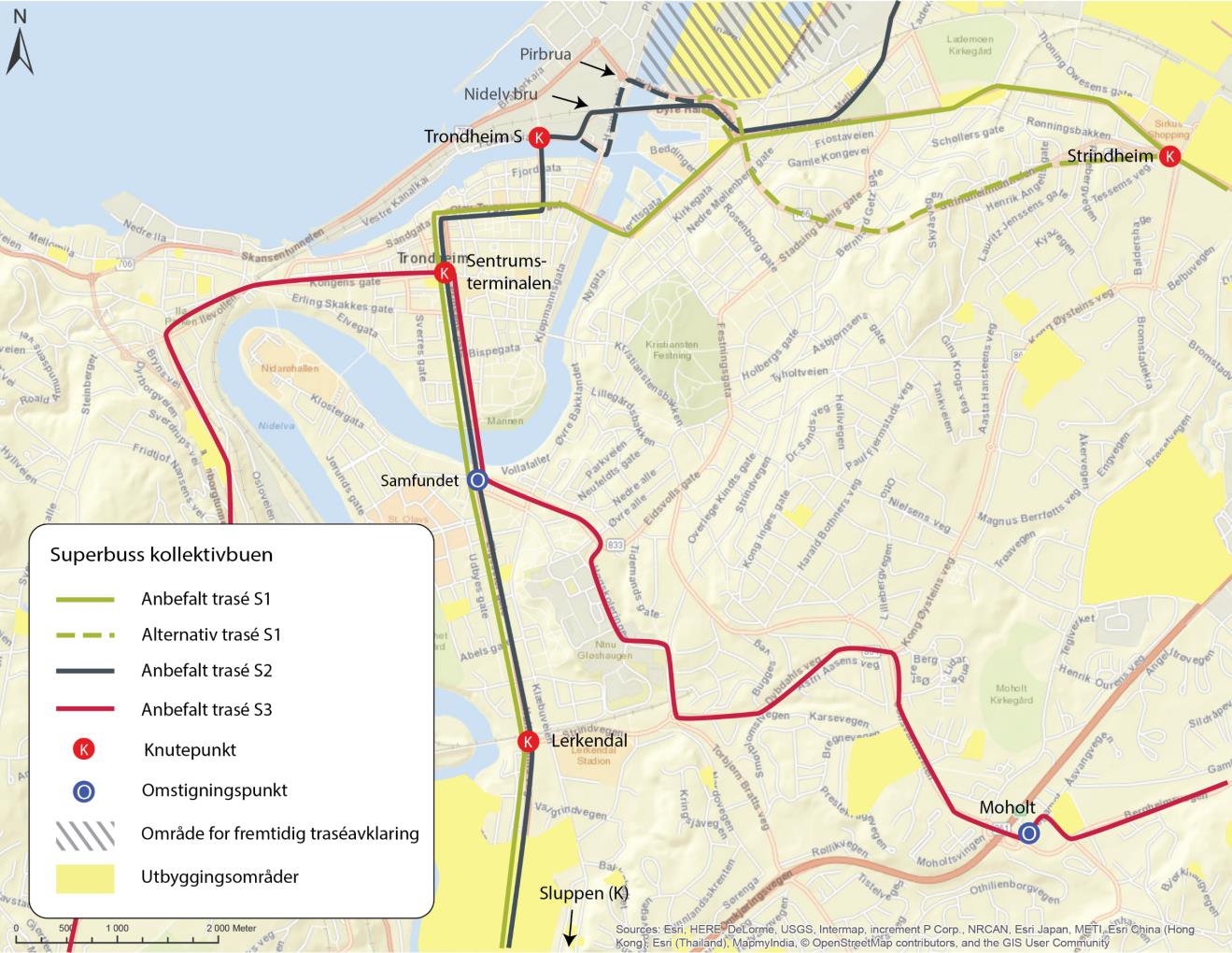Figur 22: Alternativer for traséføring i kollektivbuen Superbusslinje 1 (S1 grønn linje) Mellom sentrum og Strindheim anbefaler AtB/styringsgruppen bruk av Innherredsveien for S1.