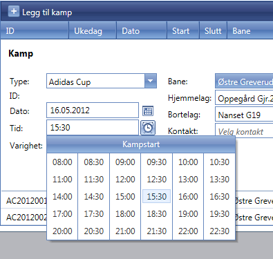 Dato Velg kampens dato Tid Velg tiden som kampen skal starte Det er mulig å justere tiden til f.
