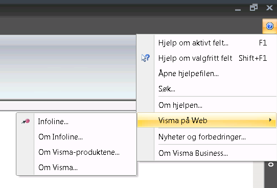 Øverst til høyre i Visma Business er det en liten blå knapp med et hvitt?-tegn. Dette er hjelpeknappen i Visma Business. Her kan du åpne hjelpefilen i Visma Business.