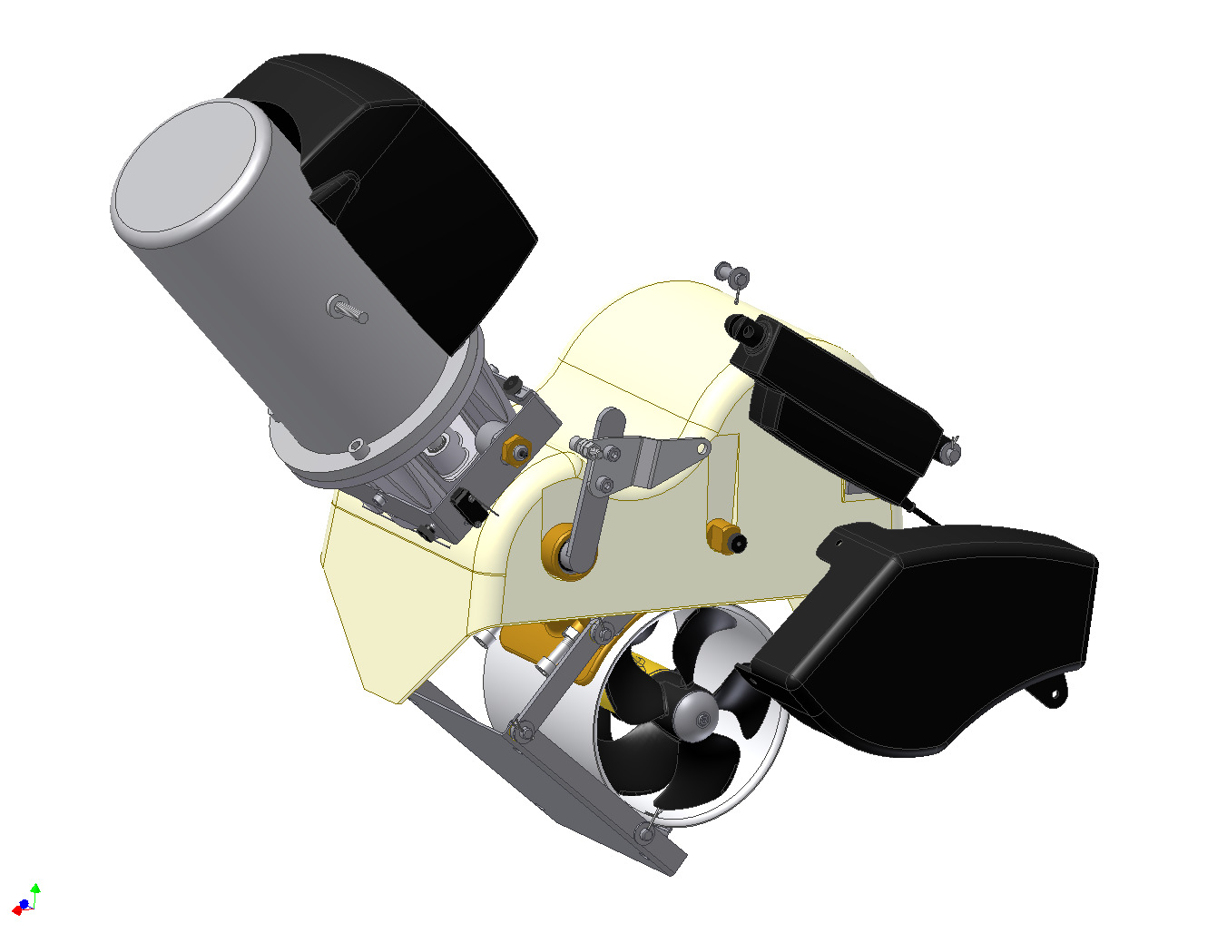 Loosen actuator from front mounting point and carefully swing the retracting unit out of hull (people outside hull recommended to control moving part of thruster) Mount the hatch to the retract