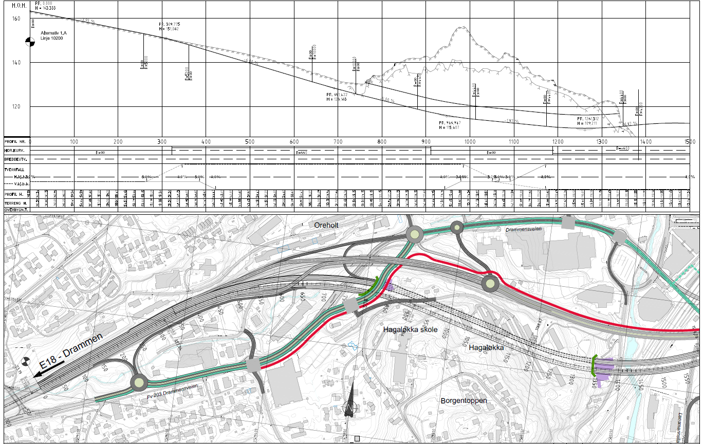 Kommunedelplan E18 Slependen - Drengsrud Risikoforhold Figur 4-6 Linjealternativ 1.A, plan- og profil, Tunnel Hagaløkka.