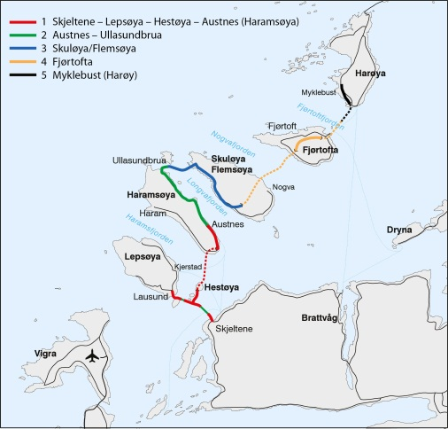 Side 3 Det er planlagt bruer og sjøfyllingar mellom Skjeltene (850 m), Hestøya (100 m) og Lepsøya (200 m) (lengd på bru i parentes.