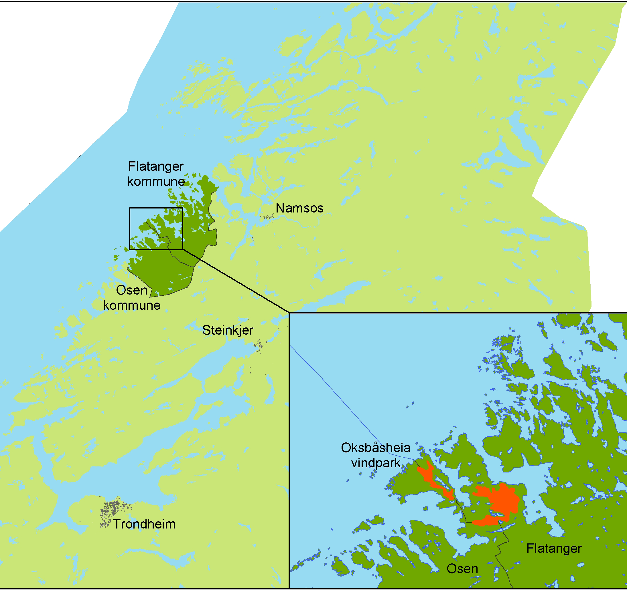 4 Beskrivelse av tiltaket 4.1 Planområdets beliggenhet Planområdet for Oksbåsheia vindpark ligger nord på Fosen og tilhører Flatanger kommune i Nord- Trøndelag fylke og Osen kommune i Sør-Trøndelag.