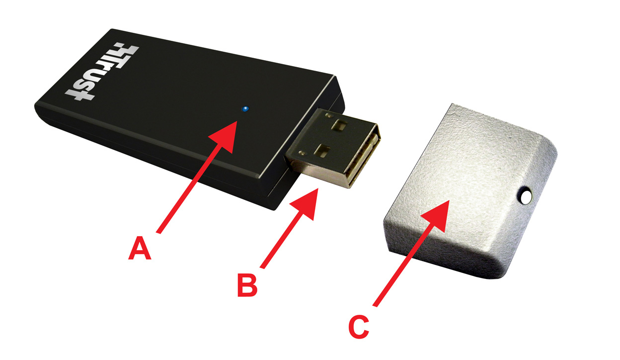 Produktinformasjon A: Strøm-/koplingslampe (Kopling: lampe på/blinker) B: USB.0-kontakt C: Beskyttelseshette Installering På Start PCen.