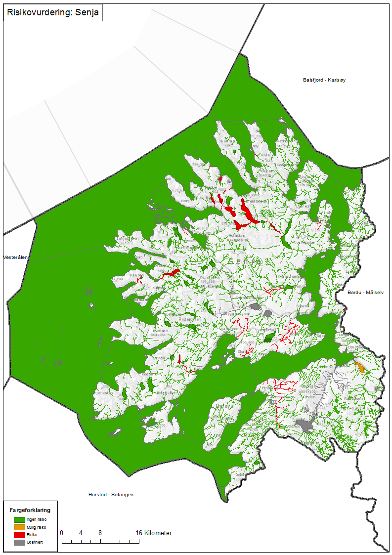 Vannområdet Senja: Figur 2.3 Overordnet kart for vannområdet Senja. Risikostatus for de enkelte vannforekomster vises med ulik farge.