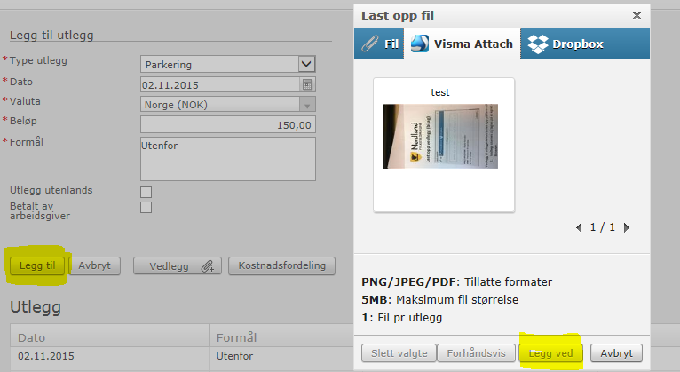 Det er viktig å bruke knappene «Legg ved» for å velge bildet, og «Legg til» for å registrere utlegget. 3. Dersom du benytter Dropbox, kan du hente vedlegget derfra via valget Dropbox.