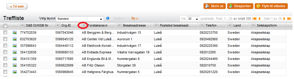 Standard layout er alltid default dersom annen layout ikke er spesifiser. Standard layouten viser kolonnene D&B DUNS, org-id, foretaksnavn, besøksadresse, besøks by, telefonnr, land og selskapsform.