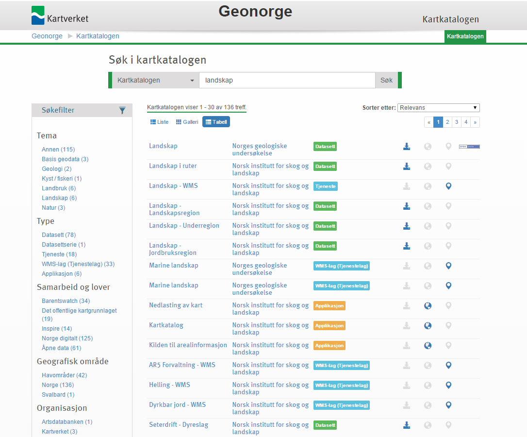 Søk med tabellvisning av treffliste 4.2 Søke etter metadata fra andre GIS-verktøy Det er ønskelig at metadata kan søkes etter i de ulike GIS-programmene.