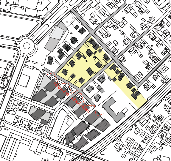 Illustrasjon som viser hvordan planen for område A faller dersom småhusbebyggelsen vedtas tatt inn i kommuneplanen.