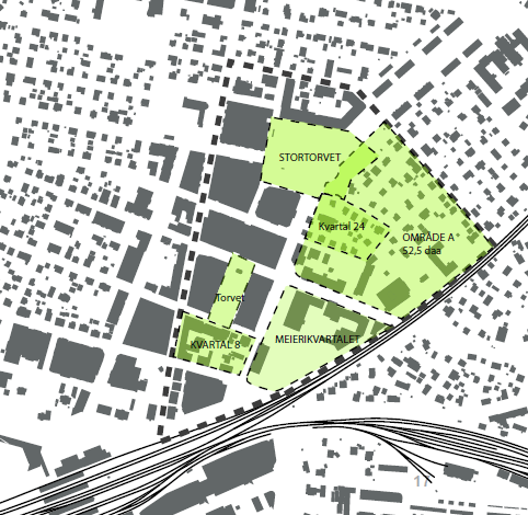 Stortorgets parkeringstilbud erstattes. Alternativt under torget, eller i tilknytning til bebyggelse ellers, for eksempel i område A eller Meierikvartalet.