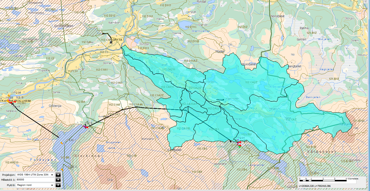 Figur 8 Kart som viser restfeltet til Delfelt 1 Rinna (markert med turkis). Kilde: NVE Atlas. Restfeltet er fraført høyfjellstilsiget (dvs. fra arealet over 500moh.) og strekker seg ned til Surna.