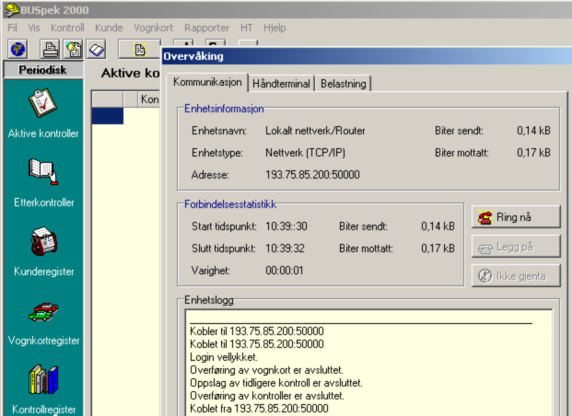 FEILSØKI G I BUSpek2000 Klargjort for overføring til BUS AS og det skjer ikke noe mer. 1) gå på Fil og Overvåking og trykk på knapp Ring nå Forklaring på eventuelle feil.