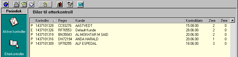 REGISTRERI G AV ETTERKO TROLL FRA EGET VERKSTED Benytt ikon for Etterkontroller for å finne frem til bilen som skal etterkontrolleres. Marker kontrollen som skal etterkontrolleres.