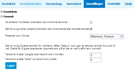 4.7. Generelt Denne menyen lar operatøren sette: Om sentralbordet automatisk skal vise arkfanen Kontakter ved innkommende anrop.