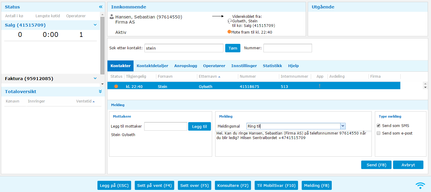 5.5. Sende melding Sebastian Hansen ringer Stein Gylseth, men viderekobles grunnet et fravær til sentralbordet.