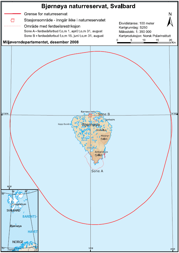 Figur 50. Kart over Bjørnøya Naturreservat og lokasjonen til letebrønn Pingvin.